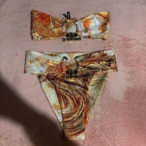 PrettyLittleThing Orange Marble Print Bandeau Bikini Set